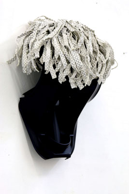 Screamer (2024) upcycled plastic and metal parts, wiping mop, acrylic spray 38 x 24 x 18 cm