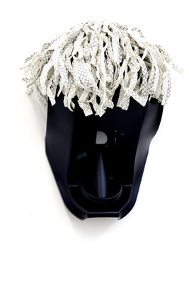 Screamer (2024) upcycled plastic and metal parts, wiping mop, acrylic spray 38 x 24 x 18 cm
