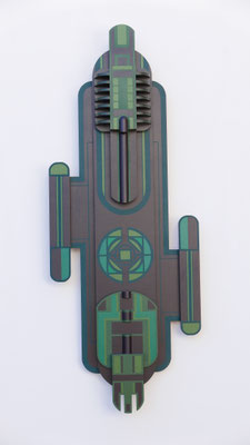 TÍTULO    :  "ESTELA-TÓTEM II" MEDIDAS : 128x50x9 cm. TÉCNICA   : PINTURA ACRÍLICA SOBRE MADERA  AÑO          :  2025 