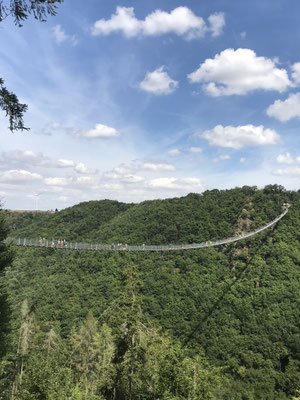 Geierlay, die schönste Hängeseilbrücke Deutschlands, mitten im Hunsrück. Dieses beeindruckende Bauwerk überspannt mit 360 m Länge das Tal zwischen Sosberg und Mörsdorf. Die Überquerung ist nur etwas für Schwindelfreie.