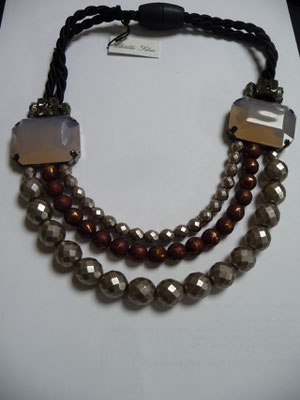 SOLD ! UNGER, Italy, large, 3 row necklace with silver and copper beads and 2 huge baguette stones.  €169