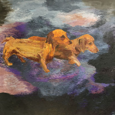 Herr und Frau Dackeli (Wienerdogs), 160 x 160 cm, Öl auf Baumwolle, 2020