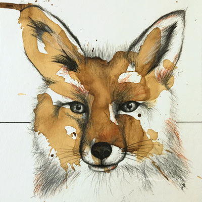 'fox-I' 2020. coffee ink, mixed media on paper. 30x30cm (sold)