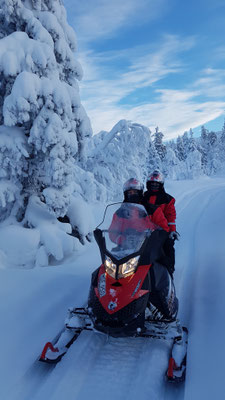 Snowmobile tour through the snowy forests