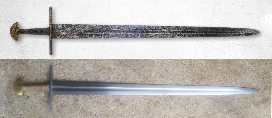 L'épée du chevalier et sa source d'inspiration : une pièce conservé au Reichsstadtmuseum de Rothenburg.