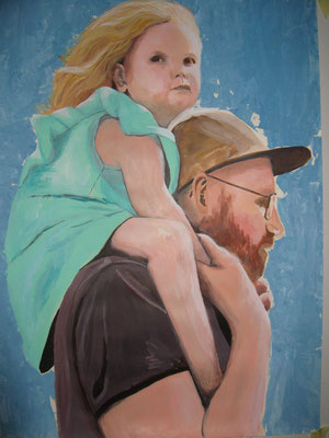 Kinderporträt, Acrylmalerei, Vater mit Kind auf der Schulter, Mädchen, Ana Figuerola, Acryl auf Papier 40 x 60 cm, 2018, Atelier artundwerk, Zürichwerk, Zürich 