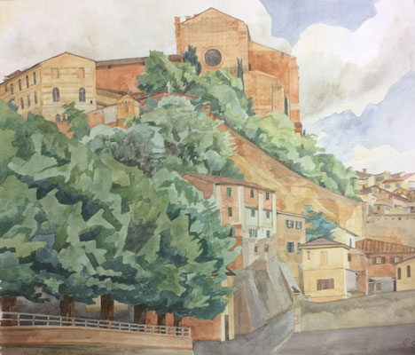 Siena, San Domenico von V. Esterna die Fontebranda, Otto Eberhardt, 1999, Aquarell, Papier, 60x52,4cm, ID1572