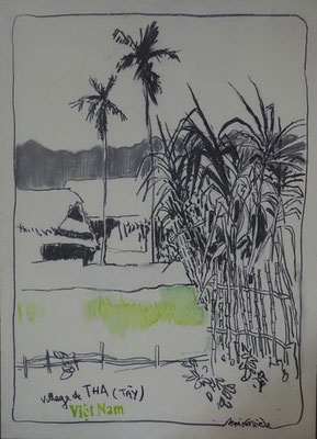 42-Vietnam, village de Tha, technique mixte (fusain, pastel, huile) sur bois médium, 61 cm x 84 cm, prix : 950 €