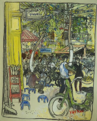 53-Vietnam, Hanoï, technique mixte (fusain, pastel, huile) sur bois médium, 73 cm x 92 cm, prix : 1100 €