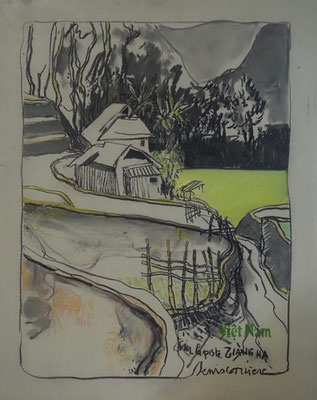 21-Vietnam, sur la piste de Zian Ha, technique mixte (fusain, pastel, huile) sur bois médium, 65 cm x 81 cm, prix : 950 €