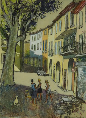 9-Fitou, discussion, technique mixte (fusain, pastel, huile) sur bois médium, format 60 cm x 81 cm, prix : 850 €