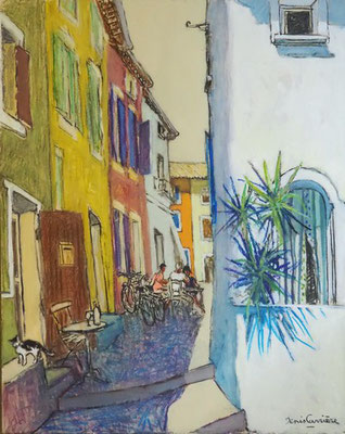28-Leucate, déjeuner en paix, technique mixte (fusain, pastel, huile) sur bois médium, format 65 cm x 81 cm, prix : 950 €