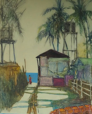 6-Agonda Beach, les réservoirs, technique mixte (fusain, pastel, huile) sur bois médium, 60 cm x 73 cm, prix : 850 €