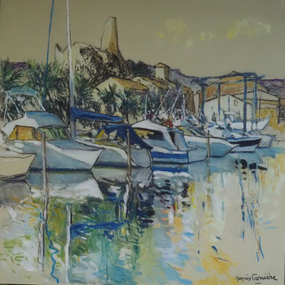 227-Gruissan, technique mixte (fusain, pastel, huile) sur bois médium, format 80 cm x 80 cm, prix : 950 €