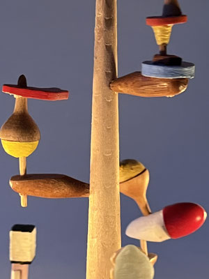 rabbit ear - detail - 2024 -. wood, glas, metal, brass, fluoride crystal, oil paint; 30 x 24 x 24 cm