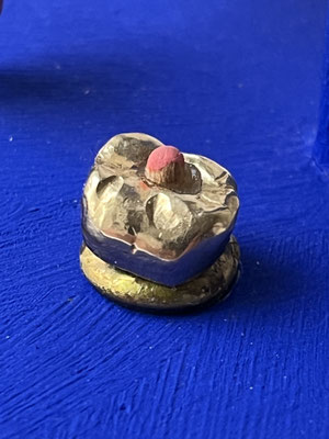 yves klein - detail - 2024 - wood, brass, gold, metal, glass, prehnite crystal, hematite crystal, tooth, oil paint, acrylic paint, yves klein blue - 30 x 21 x 21 cm