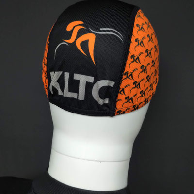 Custom branded cycle club cap rear view with bold custom artwork and compact packable design.