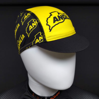 Custom printed Lap of Anglia cycle cap front view with bright event artwork and fast-wicking lightweight fabric.