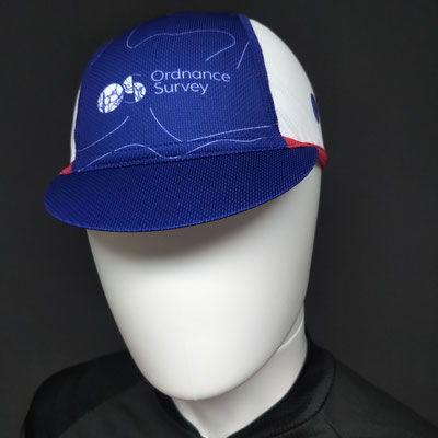 Custom branded cycle club cap front view with blue printed panels and lightweight Dry-Lite fabric.