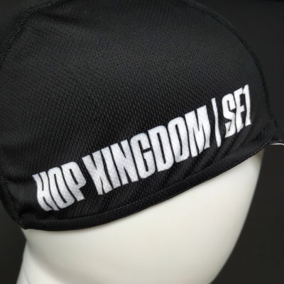 Custom printed Hop King cycle cap close-up showing high quality sublimation printing and custom artwork.