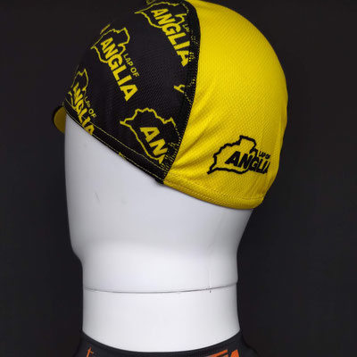 Custom printed Lap of Anglia cycle cap rear side view with breathable 3-panel construction and custom event artwork.