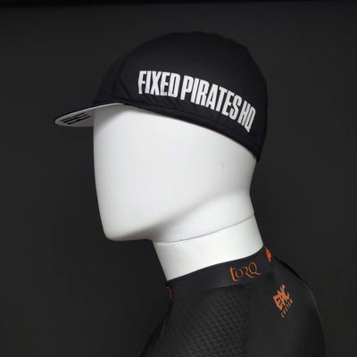 Custom printed Hop King cycle cap side angle view with printed peak, side panels and breathable performance fabric.
