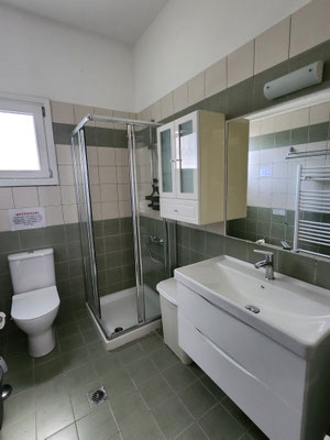 Green bathroom belongs to the twin bedroom