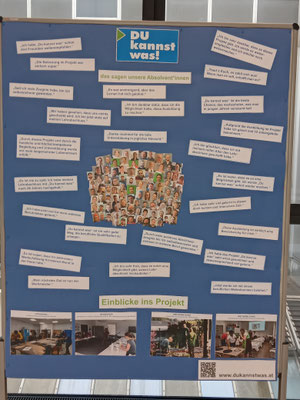 Projektplakat mit Aussagen und Fotos von Teilnehmenden