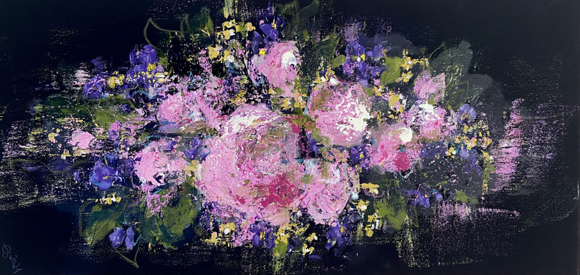 Acrylfarbe und Ölpastellkreide auf schwarzer Leinwand 50 x 100 cm
