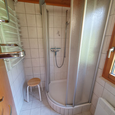 Badezimmer mit Dusche und Handtuchwärmer