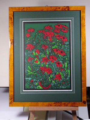 6-Farben Linolschnitt. Roter Sonnenhut. Druck: 21x30 cm, Papier: 30x40 cm.