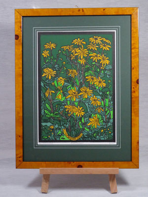 6-Farben Linolschnitt. Gelber Sonnenhut. Druck: 21x30 cm, Papier: 30x40 cm.