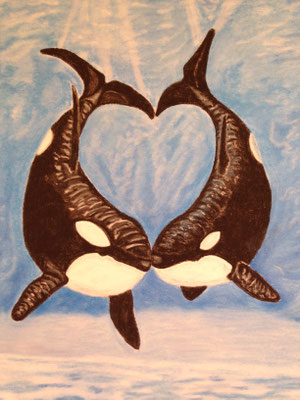 Orcas in Love: PanPastel / Pastel Pencils on Pastelmat 30x40cm