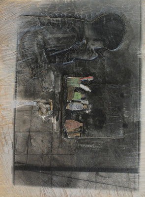 Erste Naßrasur, 2014, Pappel Mixed Media, ca. 65 x 49 x 3 cm