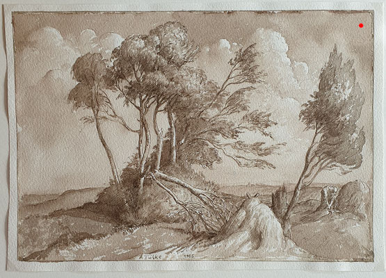 "Landschaft mit Heuschober" Aquarell, 1985 - VERKAUFT
