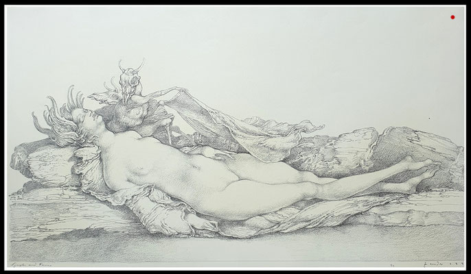 "Nymphe und Faune" 33x60cm, Graphit/Bütten, 1991 - VERKAUFT