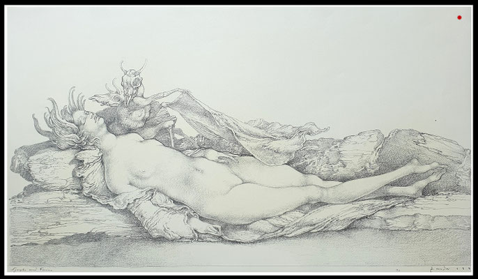 "Nymphe und Faune" 33x60cm, Graphit/Bütten, 1991 - VERKAUFT