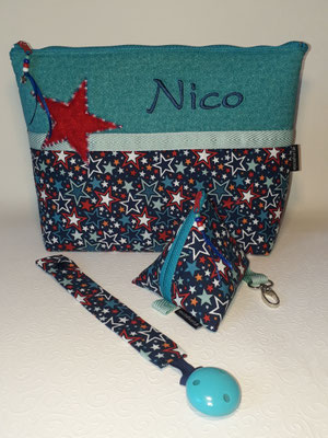 Wickeltasche mit appliziertem Stern mit Farbverlaufsgarn, Schnullertasche, Schnullerkette (mehr unter Baby/ Kind -> Wickeltaschen)