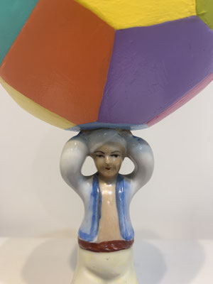 Alladin  2022  (detail) Acrylic on wood, aqua resin, styrofoam, found figure. 