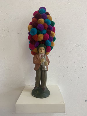 Musician 2021  Found figure, pom poms. Height 8”