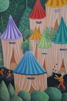CIRQUES ET FETES huile/toile CHRISTINE FRAGA FRENOT ART NAIF