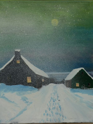 Huisje in de sneeuw, olieverf, 40x50