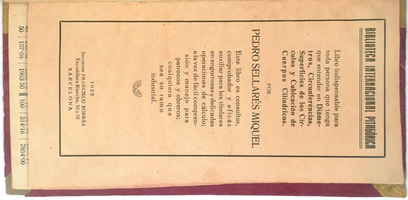 Libro para el Cálculo de Superficies y Volúmenes, Pedro Sellarés, 40 páginas, año 1926, 11x21 cm