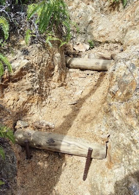 洗掘で狭くなった園路にステップを新設し、洗掘部を石、砂利等で埋めた