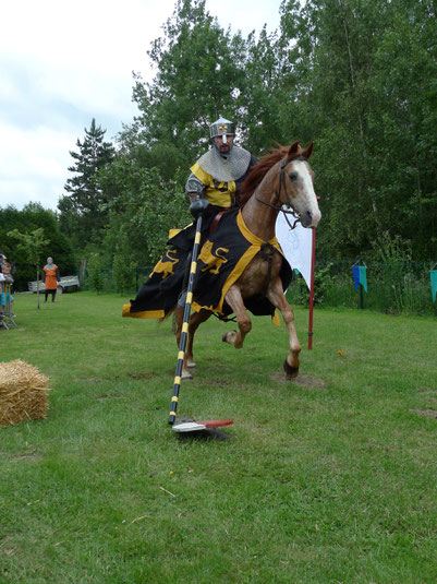 Chaque chevalier tente, à l'aide de sa lance, de renverser des écus posés en équilibre sur le sol.