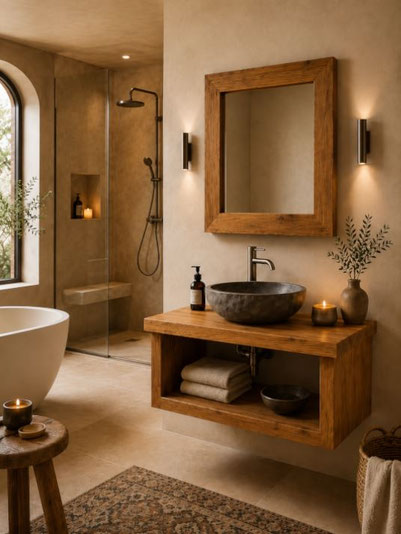 Wandhängender Waschtisch aus Altholz mit Unterbauregal, Natursteinbecken und Holzspiegel im warmen Badambiente