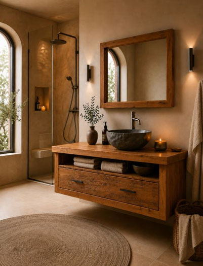 Wandhängender Waschtisch SPA3-a aus Eiche mit Aufsatzbecken, offenem Ablagefach, Schublade und Holzspiegel