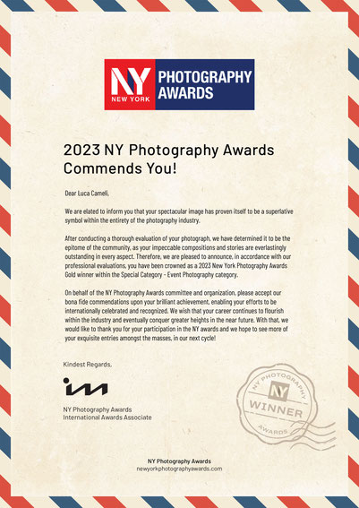 New York Photography Awards 2023 Congratulations Letter  ~ Gold Winner. Carnevale Storico di Offida. © Luca Cameli Photographer