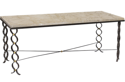table basse Infini art déco, fer forgé ondulations et plateau rectangulaire marbre crème