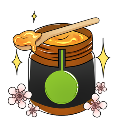 Pot de Miel de Manuka Puri New Zealand dessiné à la tablette graphique avec des fleurs de Manuka, une cuillère en bois sur le dessus et du miel de Manuka